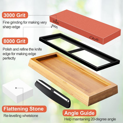 Sharpening Stone Whetstone Knife Sharpener Stone, Chefic 3000/8000 Grit Knife Sharpening Kit Wet Stone with Flattening Stone, Angle Guide, Non Slip Bamboo Base for kitchen, pocket knife sharpener