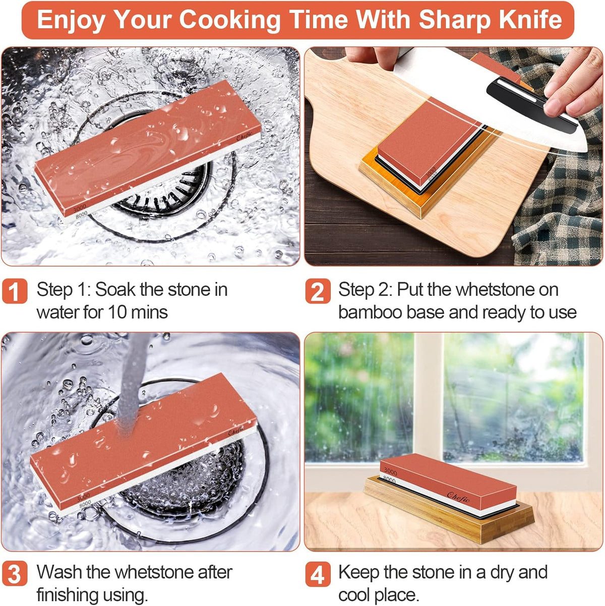 Sharpening Stone Whetstone Knife Sharpener Stone, Chefic 3000/8000 Grit Knife Sharpening Kit Wet Stone with Flattening Stone, Angle Guide, Non Slip Bamboo Base for kitchen, pocket knife sharpener