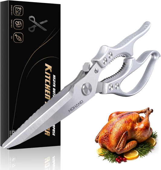 Heavy Duty Poultry Shears, Kitchen Food Scissors All Purpose for Meat Cutting, Chicken Fish Fruit Vegetables, Dishwasher Safe Kitchen Shears with Anti-Slip Handle & Safety Lock, Spring Loaded