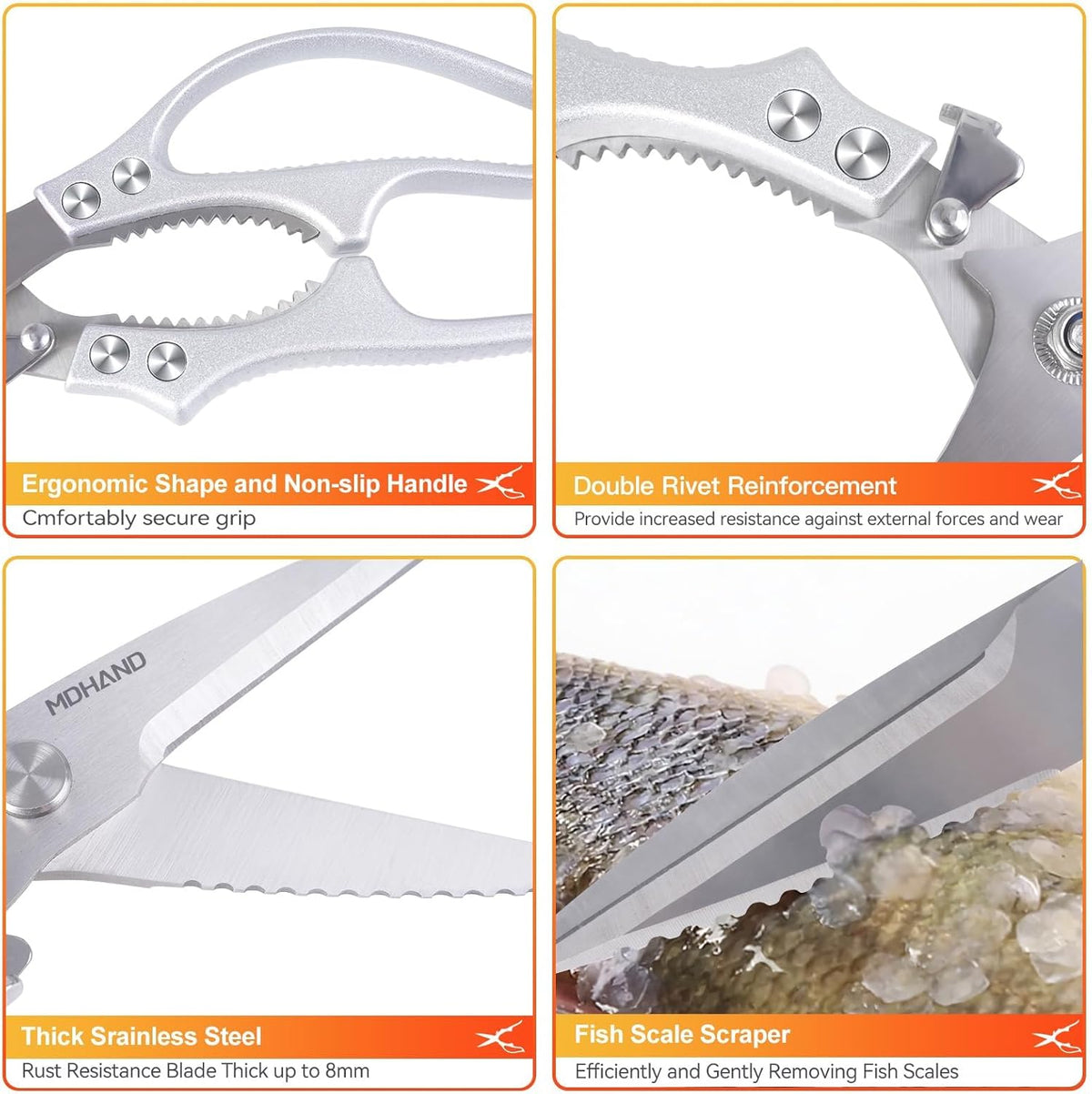 Heavy Duty Poultry Shears, Kitchen Food Scissors All Purpose for Meat Cutting, Chicken Fish Fruit Vegetables, Dishwasher Safe Kitchen Shears with Anti-Slip Handle & Safety Lock, Spring Loaded