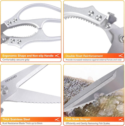Heavy Duty Poultry Shears, Kitchen Food Scissors All Purpose for Meat Cutting, Chicken Fish Fruit Vegetables, Dishwasher Safe Kitchen Shears with Anti-Slip Handle & Safety Lock, Spring Loaded