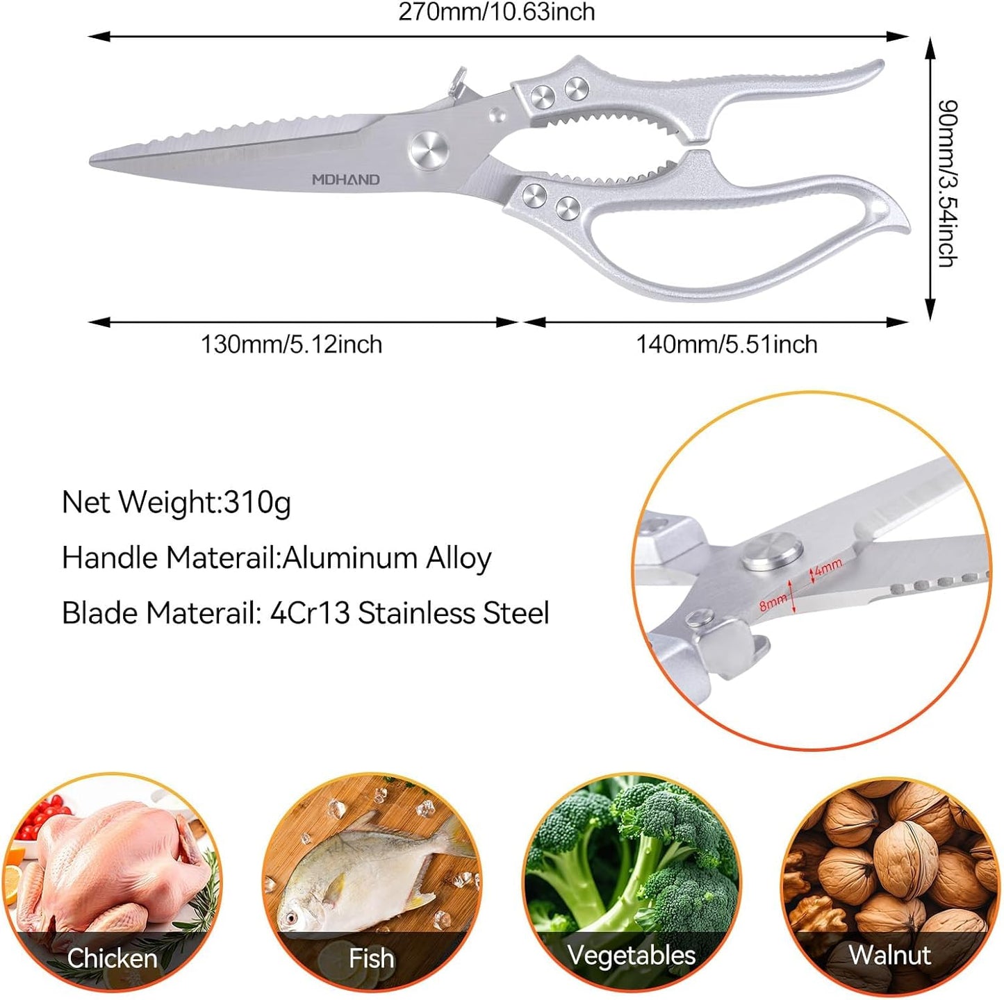 Heavy Duty Poultry Shears, Kitchen Food Scissors All Purpose for Meat Cutting, Chicken Fish Fruit Vegetables, Dishwasher Safe Kitchen Shears with Anti-Slip Handle & Safety Lock, Spring Loaded