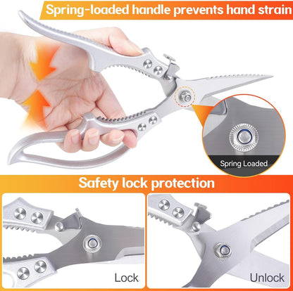 Heavy Duty Poultry Shears, Kitchen Food Scissors All Purpose for Meat Cutting, Chicken Fish Fruit Vegetables, Dishwasher Safe Kitchen Shears with Anti-Slip Handle & Safety Lock, Spring Loaded