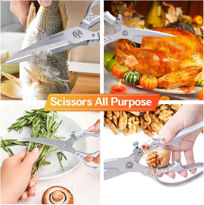 Heavy Duty Poultry Shears, Kitchen Food Scissors All Purpose for Meat Cutting, Chicken Fish Fruit Vegetables, Dishwasher Safe Kitchen Shears with Anti-Slip Handle & Safety Lock, Spring Loaded