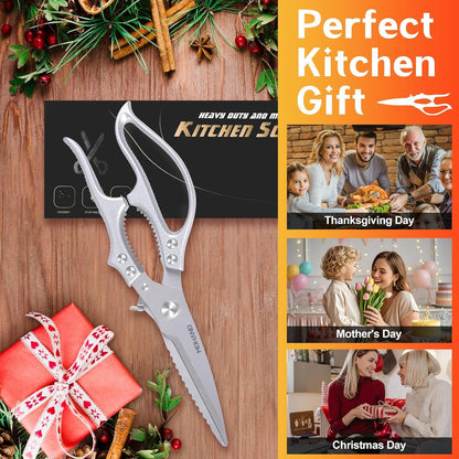 Heavy Duty Poultry Shears, Kitchen Food Scissors All Purpose for Meat Cutting, Chicken Fish Fruit Vegetables, Dishwasher Safe Kitchen Shears with Anti-Slip Handle & Safety Lock, Spring Loaded