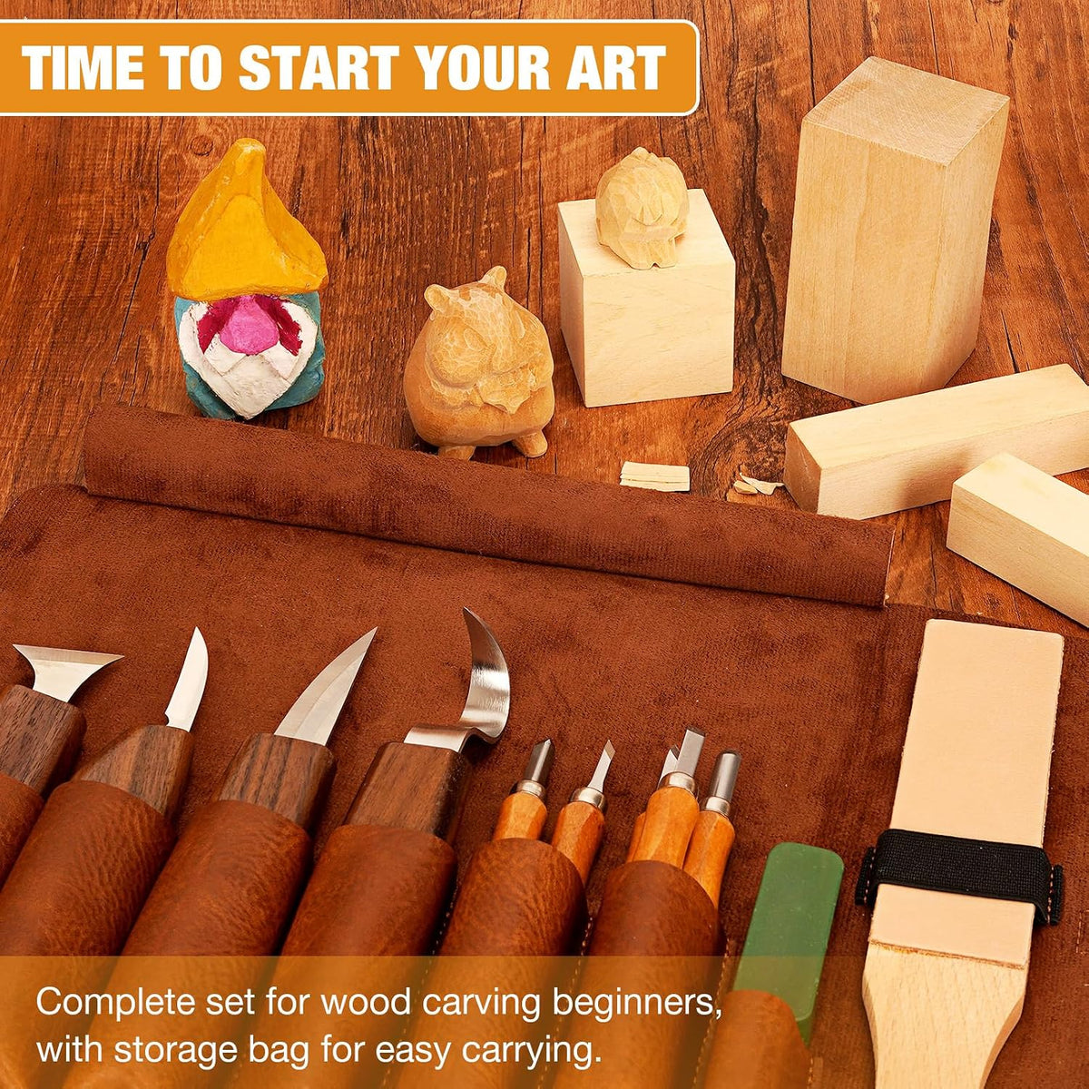 Wood Carving Kit, 24Pcs Wood Carving Tools with Storage Bag, Wood Whittling Knife Kit with 4pcs Templates & 6pcs Basswood Blocks for DIY Beginners