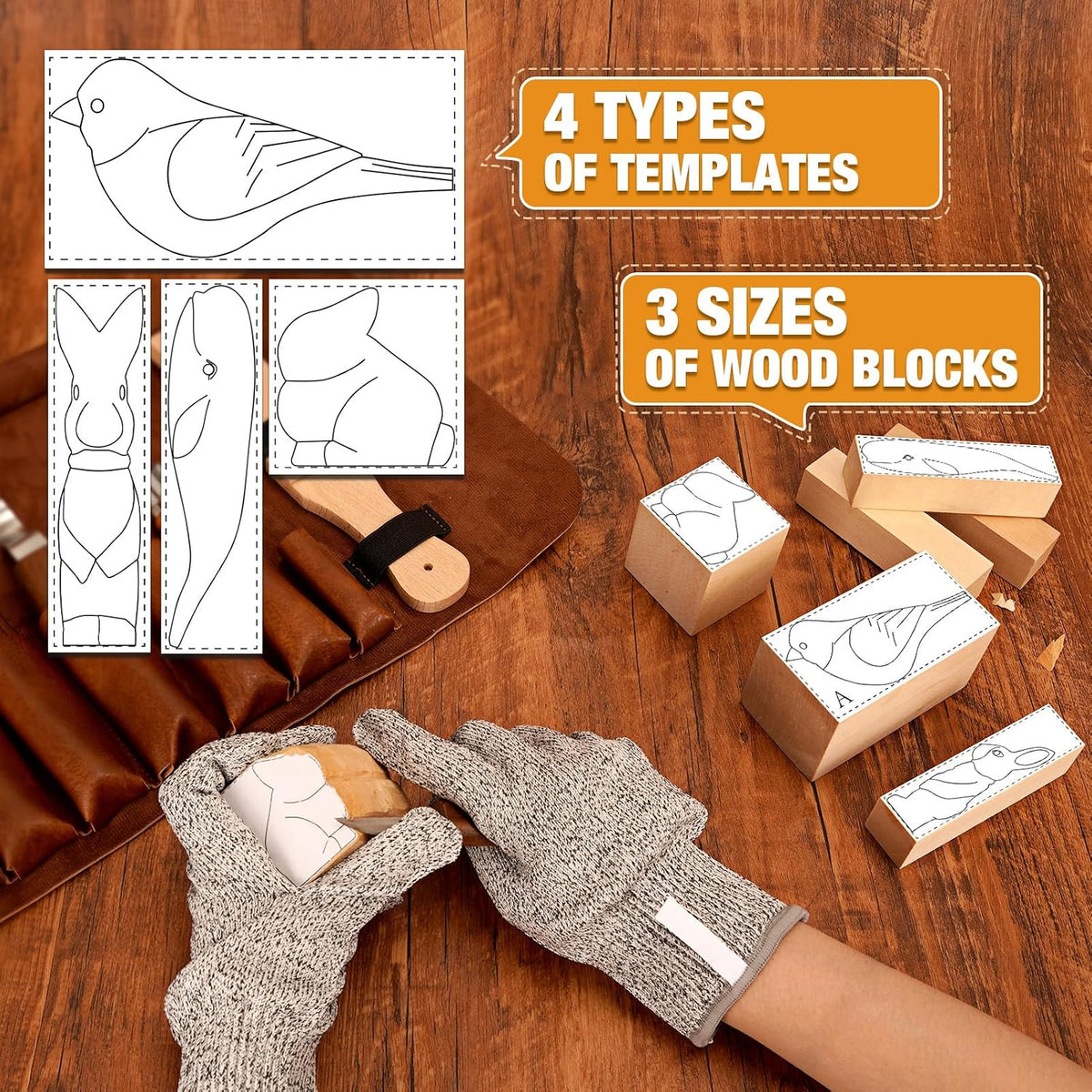 Wood Carving Kit, 24Pcs Wood Carving Tools with Storage Bag, Wood Whittling Knife Kit with 4pcs Templates & 6pcs Basswood Blocks for DIY Beginners