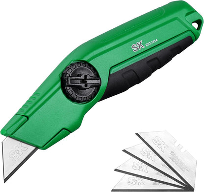SK Utility Knife with SK2M TAC Blades & Zinc Alloy, Fixed Blade Box Cutter | Heavy Duty, Tool-Free Blade Change, Blades Storage in Shell, Extra 5 SK2M Blades Included