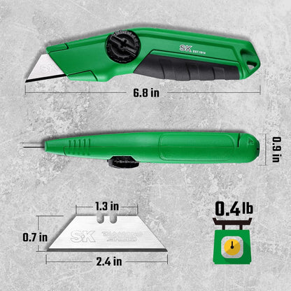 SK Utility Knife with SK2M TAC Blades & Zinc Alloy, Fixed Blade Box Cutter | Heavy Duty, Tool-Free Blade Change, Blades Storage in Shell, Extra 5 SK2M Blades Included