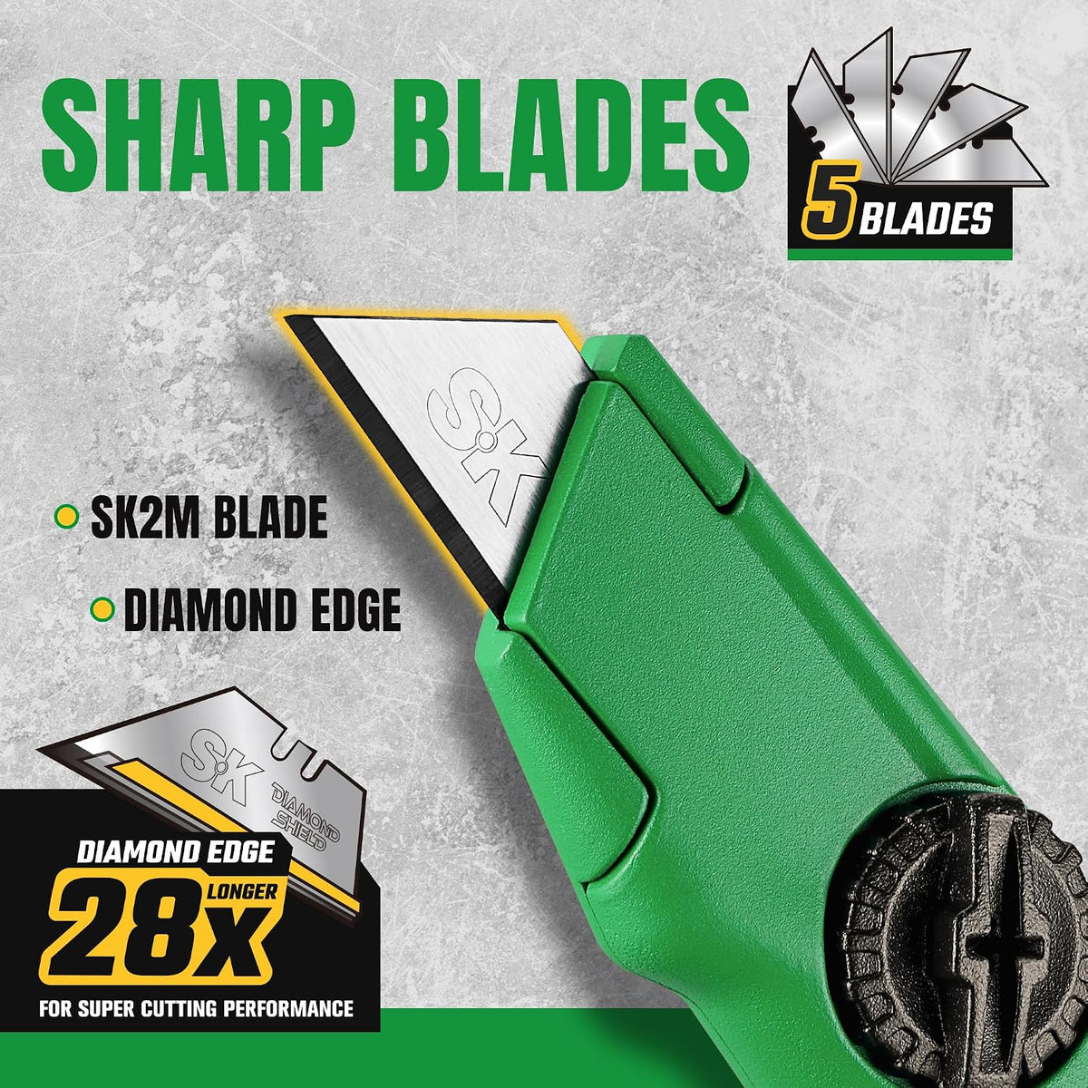 SK Utility Knife with SK2M TAC Blades & Zinc Alloy, Fixed Blade Box Cutter | Heavy Duty, Tool-Free Blade Change, Blades Storage in Shell, Extra 5 SK2M Blades Included