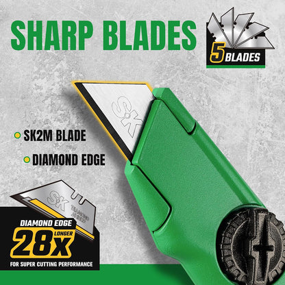 SK Utility Knife with SK2M TAC Blades & Zinc Alloy, Fixed Blade Box Cutter | Heavy Duty, Tool-Free Blade Change, Blades Storage in Shell, Extra 5 SK2M Blades Included