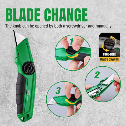 SK Utility Knife with SK2M TAC Blades & Zinc Alloy, Fixed Blade Box Cutter | Heavy Duty, Tool-Free Blade Change, Blades Storage in Shell, Extra 5 SK2M Blades Included