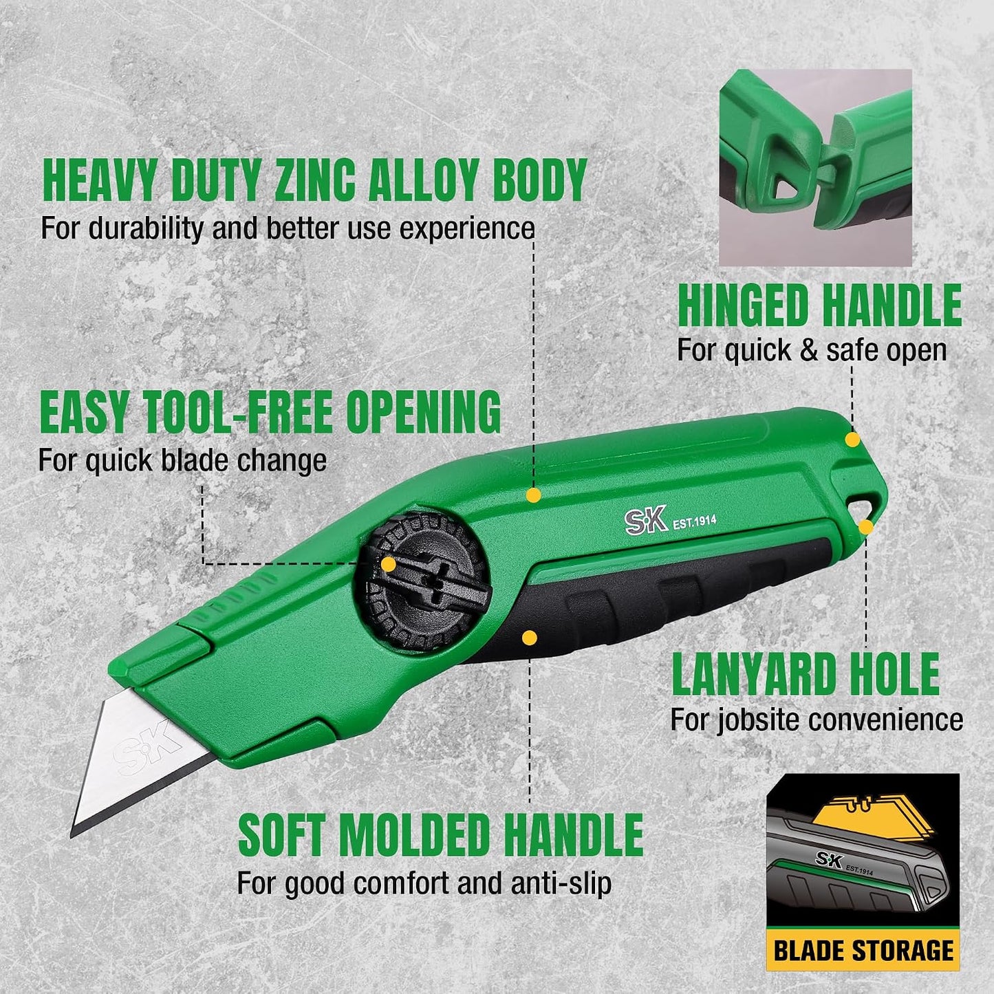 SK Utility Knife with SK2M TAC Blades & Zinc Alloy, Fixed Blade Box Cutter | Heavy Duty, Tool-Free Blade Change, Blades Storage in Shell, Extra 5 SK2M Blades Included