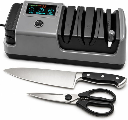 Electric Knife Sharpener for Knives, Scissors, Axes, 5-in-1 Multi-Function Sharpener with Adjustable Speed, 3-Stage Diamond Grinding, Ceramic Polishing Rod, LCD Display