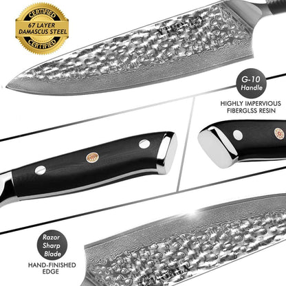 Damascus Chef Knife, 8-inch Damascus Steel Chef's Knife VG10 Forged Kitchen Knife High Carbon 67-Layer Hammered Damascus Cooking Knife, Meat Fruit Vegetable Gyuto Knife w/Ergonomic G10 Handle
