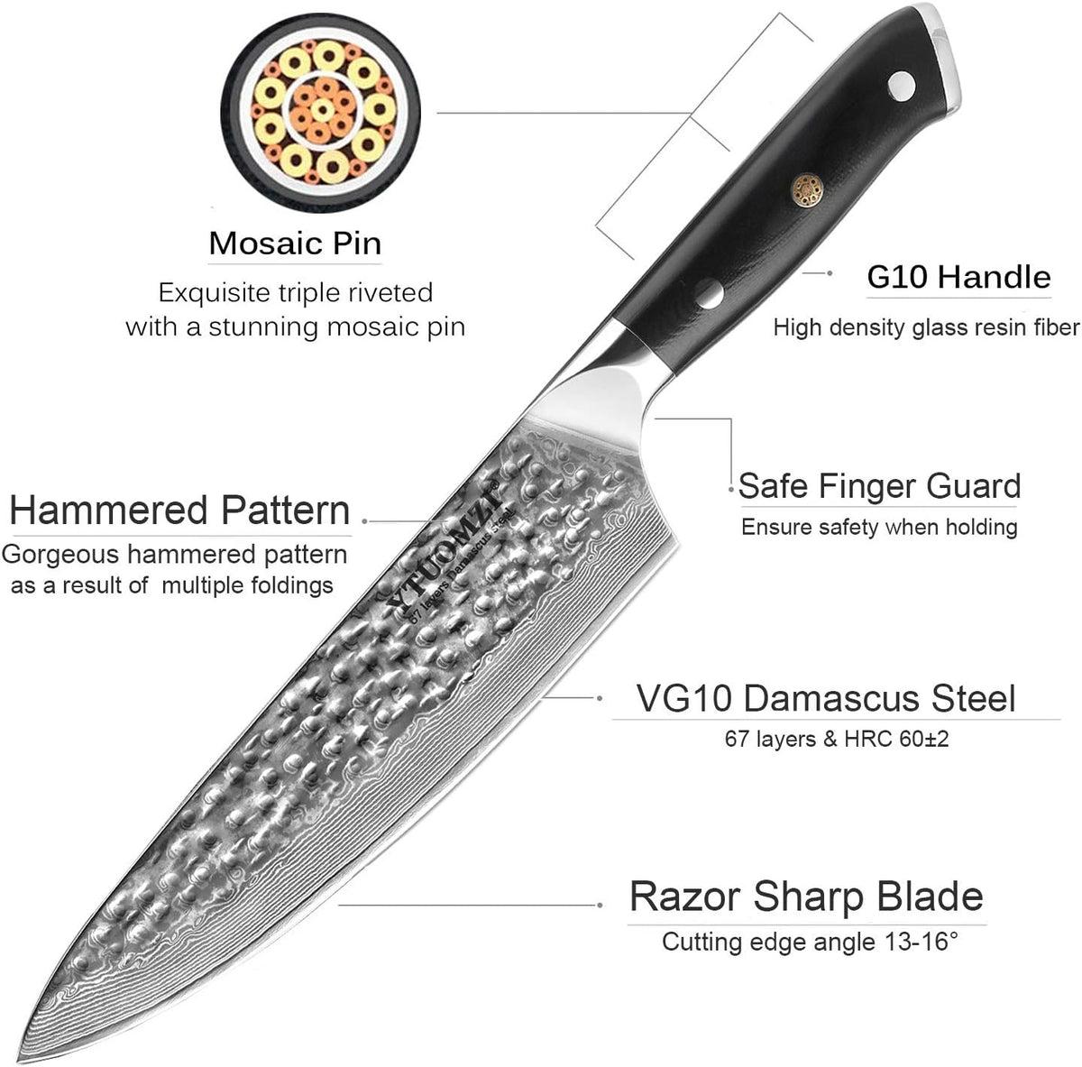 Damascus Chef Knife, 8-inch Damascus Steel Chef's Knife VG10 Forged Kitchen Knife High Carbon 67-Layer Hammered Damascus Cooking Knife, Meat Fruit Vegetable Gyuto Knife w/Ergonomic G10 Handle