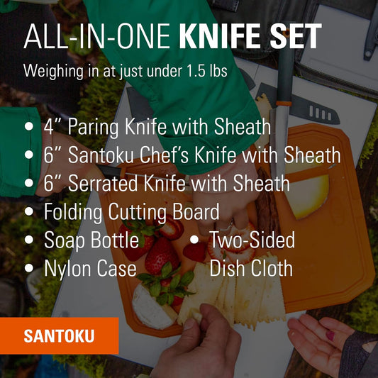 Santoku Knife Set, Compact 6-Piece Camping Chef Knife Kit with Cutting Board, Sheaths, Soap Bottle & Travel Case