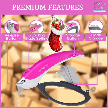 Box Cutter Retractable Utility Knife - Heavy Duty Box Cutter Knife Cardboard Cutter - Box Opener Razor Blades Utility Knife - Box Knife Carpet Cutter with 5 Sharp Blades
