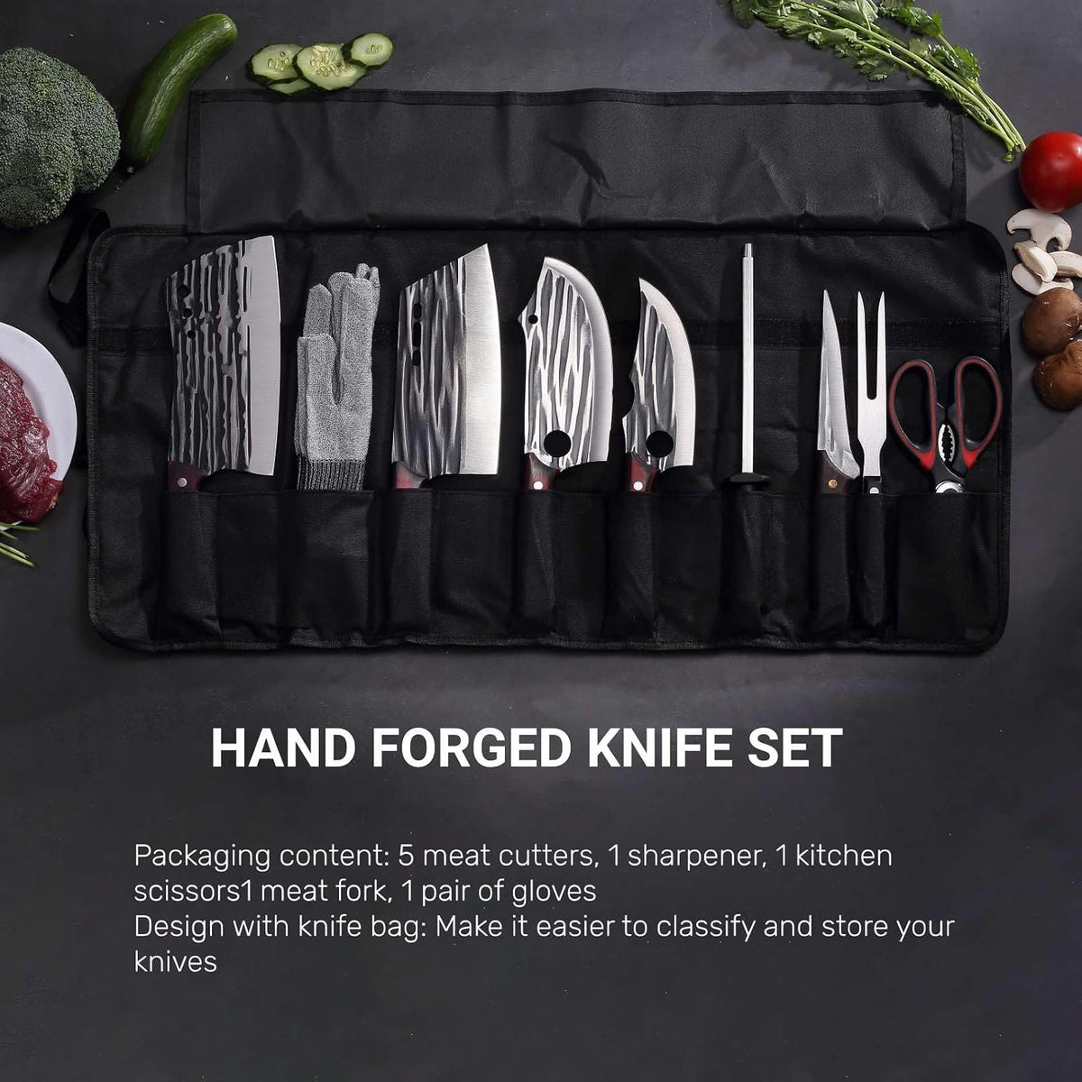 Butcher Knife Set with Bag，Meat Cleaver Full Tang Serbian Chef Knife High Carbon Steel for Meat Cutting Processing,Hand Forged Viking Carving Outdoor BBQ Camping Knife (3)