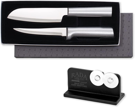 Cook's Select Gift Set (S53) + Sharpener, Silver Handle | 2-Piece Knife Set with Quick Edge Sharpener (R119), Stainless Steel Blades, Silver Cast Aluminum Handle