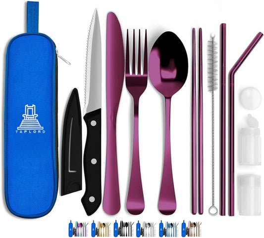 Portable Travel Silverware Set With Case - Includes 10 Pcs of Utensils, Stainless Steel Flatware For Camping, Easy to Travel, Lightweight (Purple)