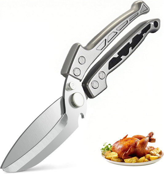 Professional Heavy Duty Kitchen Shears for Food – All in one Stainless Steel Chicken Shears Cut Bones, Meat, Fish Scales, Bottle Opener, Dishwasher Safe, Gift for Christmas Thanksgiving，Silver