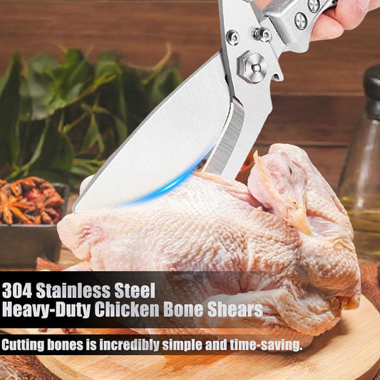 Professional Heavy Duty Kitchen Shears for Food – All in one Stainless Steel Chicken Shears Cut Bones, Meat, Fish Scales, Bottle Opener, Dishwasher Safe, Gift for Christmas Thanksgiving，Silver