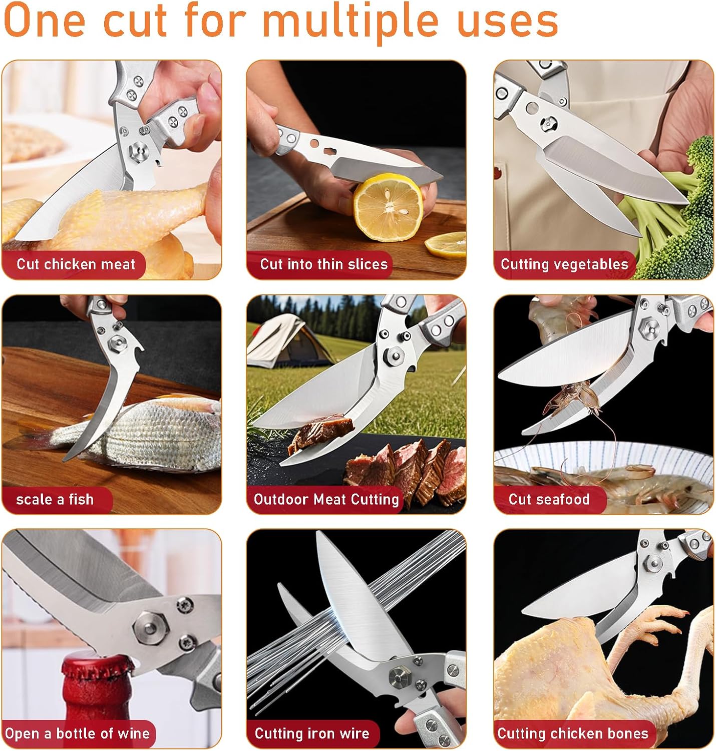 Professional Heavy Duty Kitchen Shears for Food – All in one Stainless Steel Chicken Shears Cut Bones, Meat, Fish Scales, Bottle Opener, Dishwasher Safe, Gift for Christmas Thanksgiving，Silver