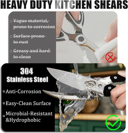 Professional Heavy Duty Kitchen Shears for Food – All in one Stainless Steel Chicken Shears Cut Bones, Meat, Fish Scales, Bottle Opener, Dishwasher Safe, Gift for Christmas Thanksgiving，Silver