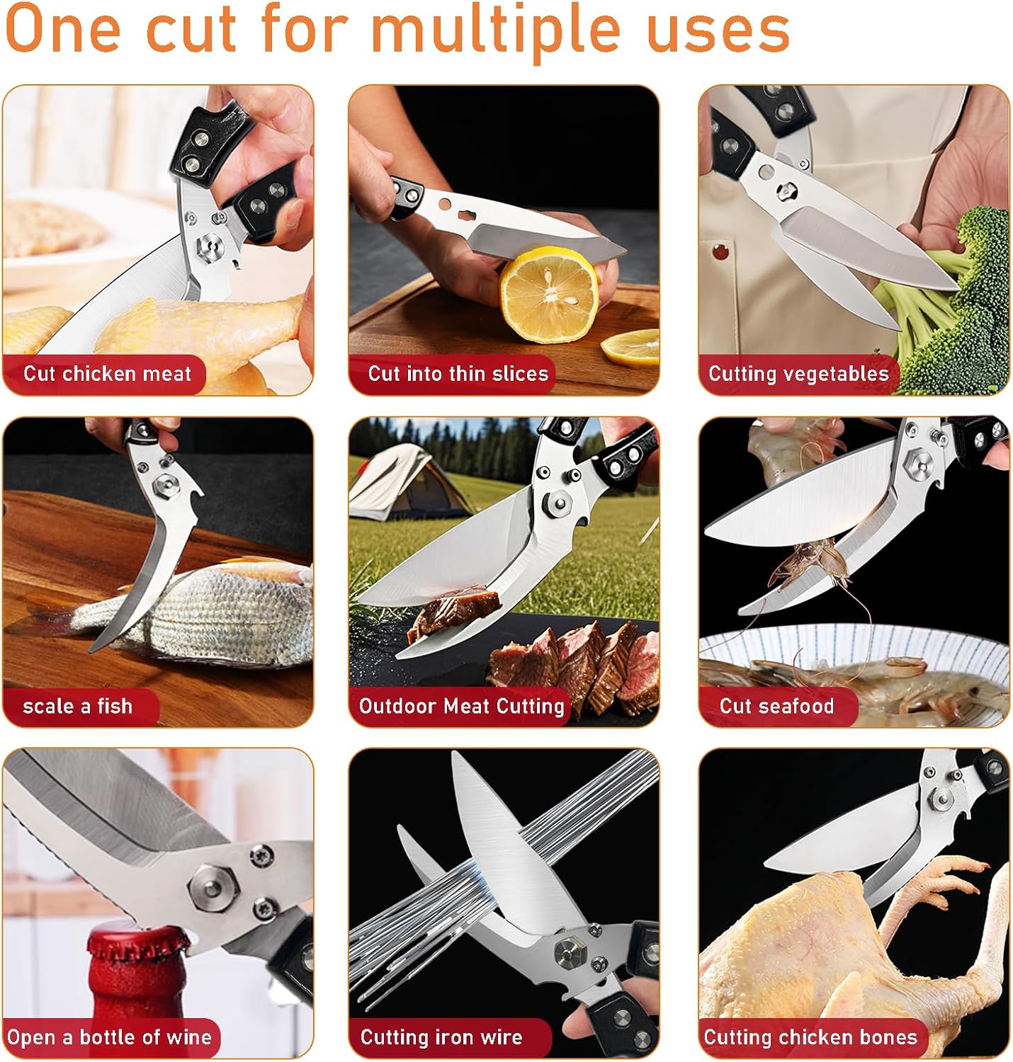 Professional Heavy Duty Kitchen Shears for Food – All in one Stainless Steel Chicken Shears Cut Bones, Meat, Fish Scales, Bottle Opener, Dishwasher Safe, Gift for Christmas Thanksgiving，Silver
