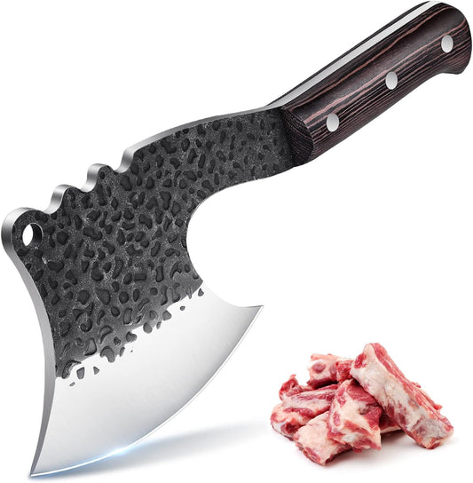 Meat Bone Cleaver Knife - Black Heavy Duty Butcher Meat Cutting Axes | Hand Forged Full Tang Chopper with Sheath for Kitchen Outdoor BBQ Chirstmas Mother Father Gifts Idea Men