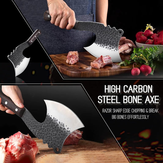 Meat Bone Cleaver Knife - Black Heavy Duty Butcher Meat Cutting Axes | Hand Forged Full Tang Chopper with Sheath for Kitchen Outdoor BBQ Chirstmas Mother Father Gifts Idea Men