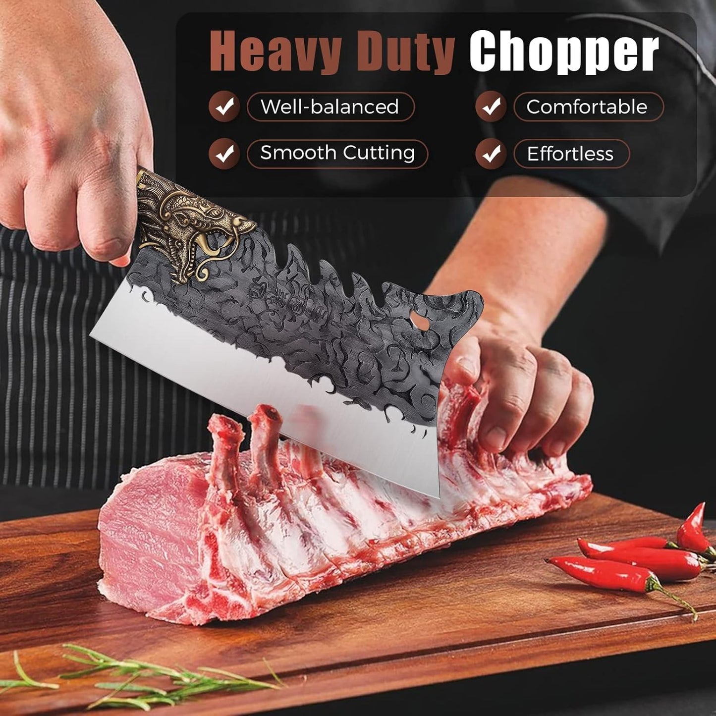 Meat Bone Cleaver Knife - Black Heavy Duty Butcher Meat Cutting Axes | Hand Forged Full Tang Chopper with Sheath for Kitchen Outdoor BBQ Chirstmas Mother Father Gifts Idea Men