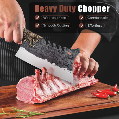 Meat Bone Cleaver Knife - Black Heavy Duty Butcher Meat Cutting Axes | Hand Forged Full Tang Chopper with Sheath for Kitchen Outdoor BBQ Chirstmas Mother Father Gifts Idea Men