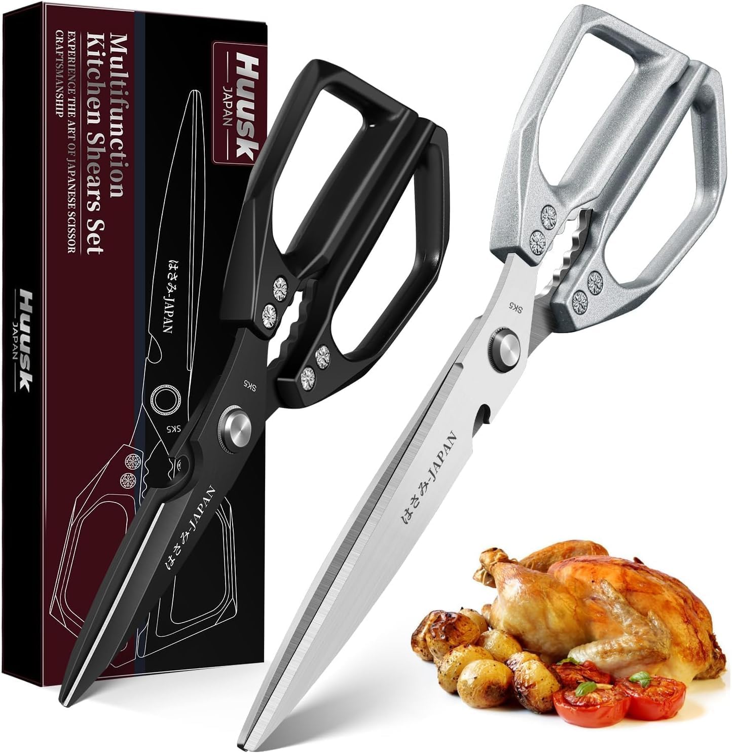 Huusk Kitchen Scissors Japanese Stainless Steel, 2 Pack Kitchen Shears Set | Multifunction Cooking Scissors for Meat, Fish, Chicken Bones, Turkey, Ergonomic Handles, Dishwasher Safe, Gifts for Women