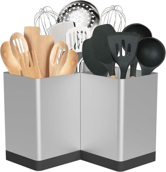 Extra Large Kitchen Utensil Holder Countertop for Corner Counter | Against Wall,Hold 40 tool,Easy to Clean,Spacesaving,Sturdy Farmhouse Cooking Utensil Organizer Caddy,Metal,Silvery