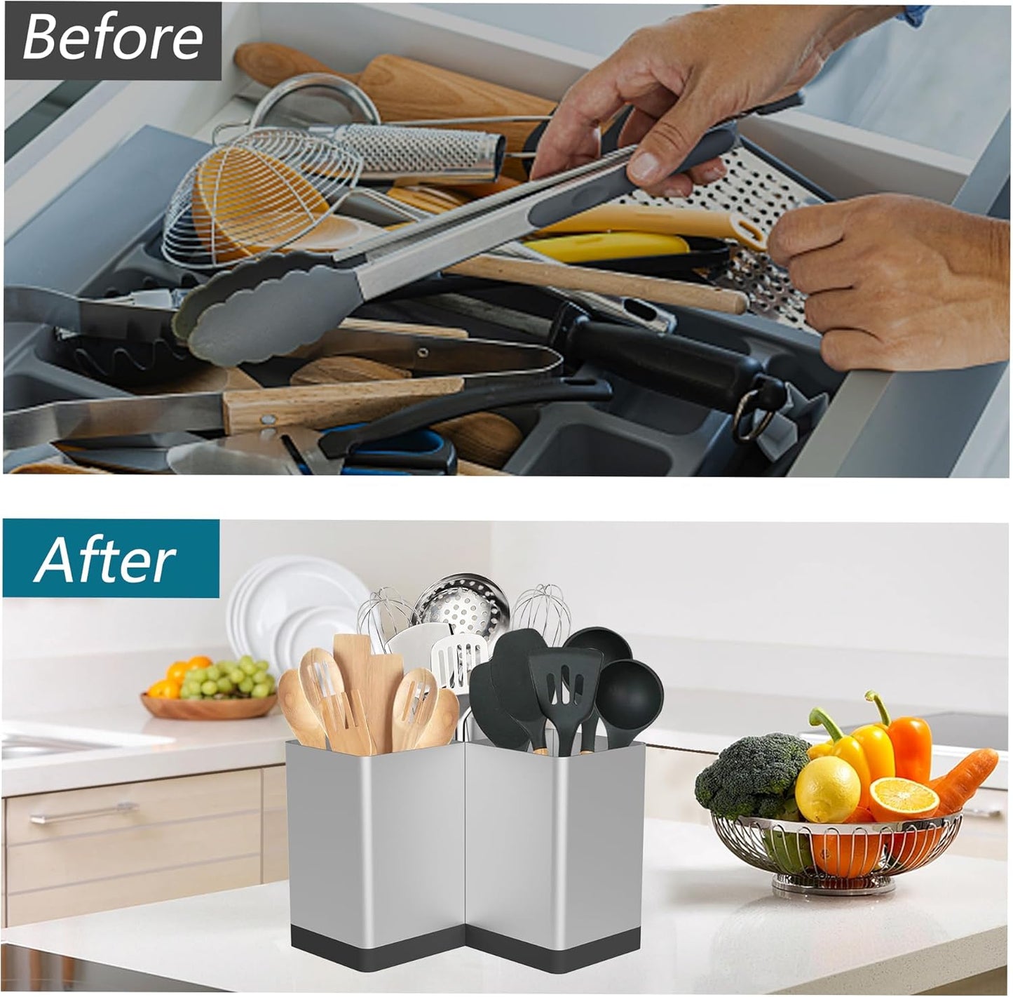 Extra Large Kitchen Utensil Holder Countertop for Corner Counter | Against Wall,Hold 40 tool,Easy to Clean,Spacesaving,Sturdy Farmhouse Cooking Utensil Organizer Caddy,Metal,Silvery