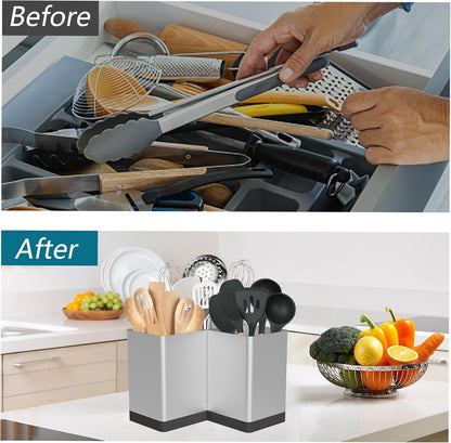 Extra Large Kitchen Utensil Holder Countertop for Corner Counter | Against Wall,Hold 40 tool,Easy to Clean,Spacesaving,Sturdy Farmhouse Cooking Utensil Organizer Caddy,Metal,Silvery
