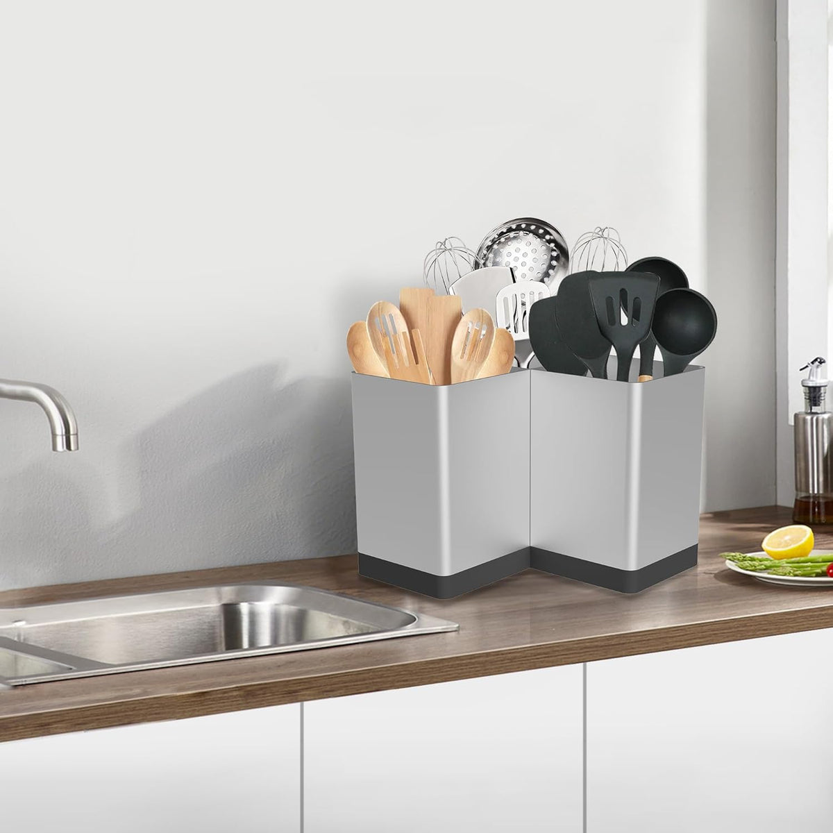 Extra Large Kitchen Utensil Holder Countertop for Corner Counter | Against Wall,Hold 40 tool,Easy to Clean,Spacesaving,Sturdy Farmhouse Cooking Utensil Organizer Caddy,Metal,Silvery