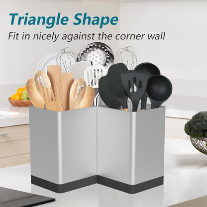 Extra Large Kitchen Utensil Holder Countertop for Corner Counter | Against Wall,Hold 40 tool,Easy to Clean,Spacesaving,Sturdy Farmhouse Cooking Utensil Organizer Caddy,Metal,Silvery