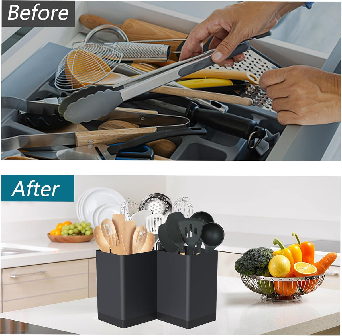Extra Large Kitchen Utensil Holder Countertop for Corner Counter | Against Wall,Hold 40 tool,Easy to Clean,Spacesaving,Sturdy Farmhouse Cooking Utensil Organizer Caddy,Metal,Silvery
