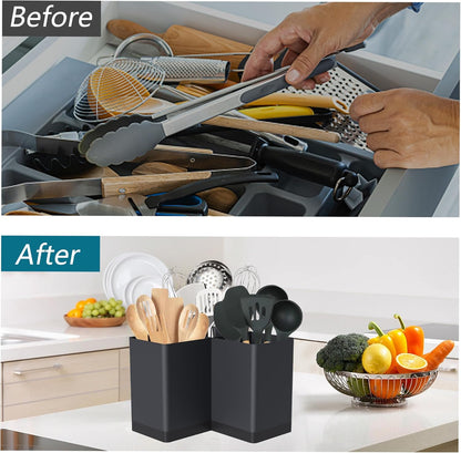 Extra Large Kitchen Utensil Holder Countertop for Corner Counter | Against Wall,Hold 40 tool,Easy to Clean,Spacesaving,Sturdy Farmhouse Cooking Utensil Organizer Caddy,Metal,Silvery