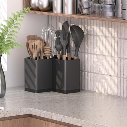 Extra Large Kitchen Utensil Holder Countertop for Corner Counter | Against Wall,Hold 40 tool,Easy to Clean,Spacesaving,Sturdy Farmhouse Cooking Utensil Organizer Caddy,Metal,Silvery