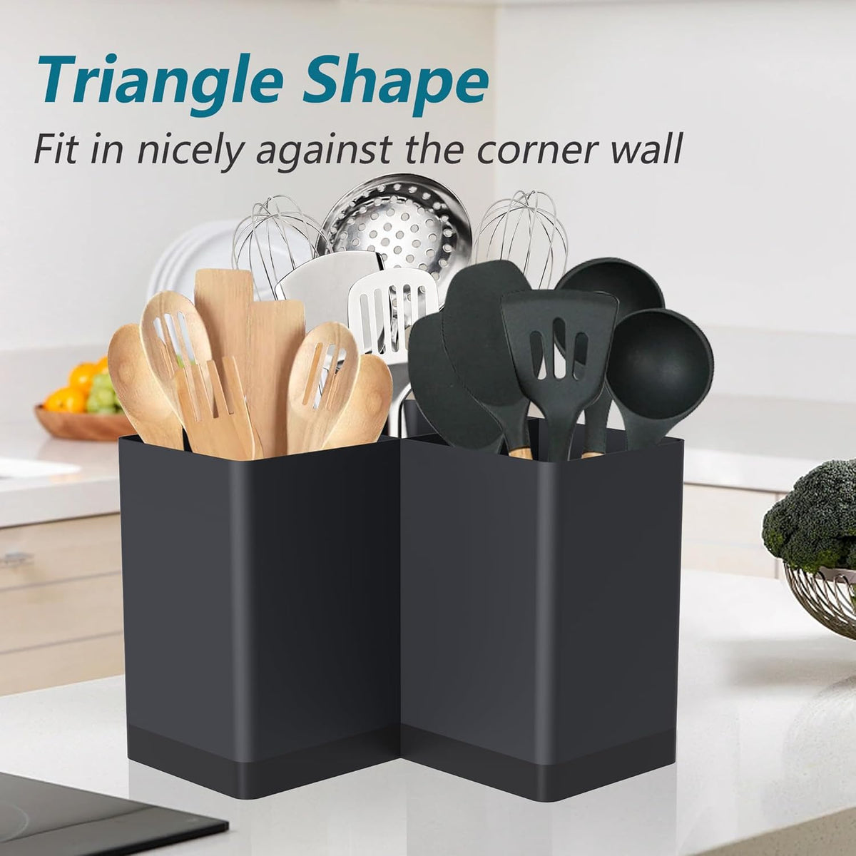 Extra Large Kitchen Utensil Holder Countertop for Corner Counter | Against Wall,Hold 40 tool,Easy to Clean,Spacesaving,Sturdy Farmhouse Cooking Utensil Organizer Caddy,Metal,Silvery