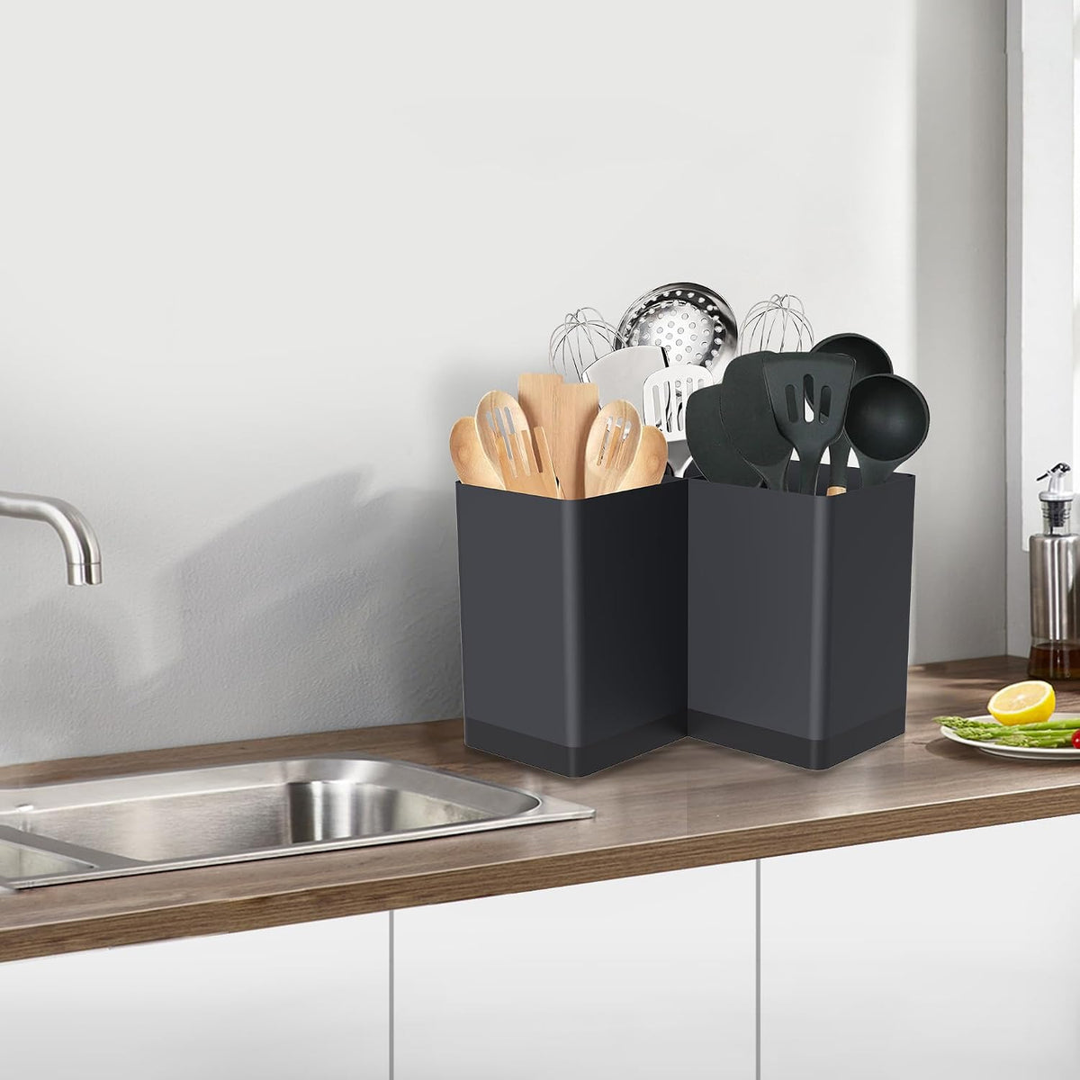 Extra Large Kitchen Utensil Holder Countertop for Corner Counter | Against Wall,Hold 40 tool,Easy to Clean,Spacesaving,Sturdy Farmhouse Cooking Utensil Organizer Caddy,Metal,Silvery