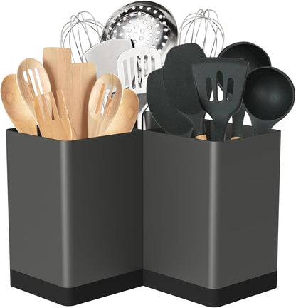 Extra Large Kitchen Utensil Holder Countertop for Corner Counter | Against Wall,Hold 40 tool,Easy to Clean,Spacesaving,Sturdy Farmhouse Cooking Utensil Organizer Caddy,Metal,Silvery