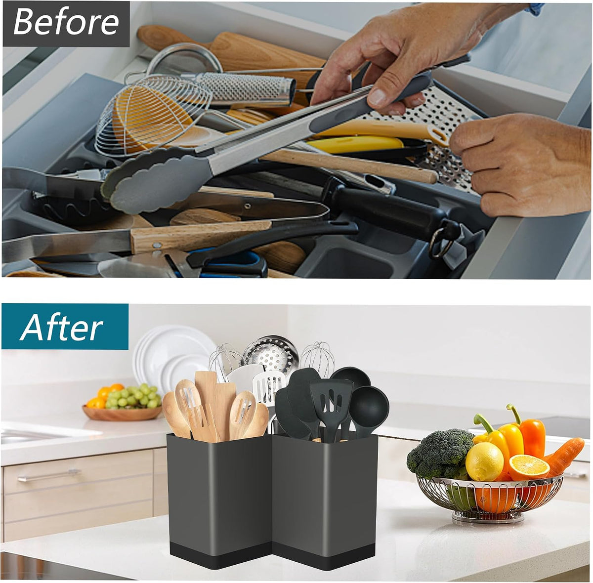 Extra Large Kitchen Utensil Holder Countertop for Corner Counter | Against Wall,Hold 40 tool,Easy to Clean,Spacesaving,Sturdy Farmhouse Cooking Utensil Organizer Caddy,Metal,Silvery