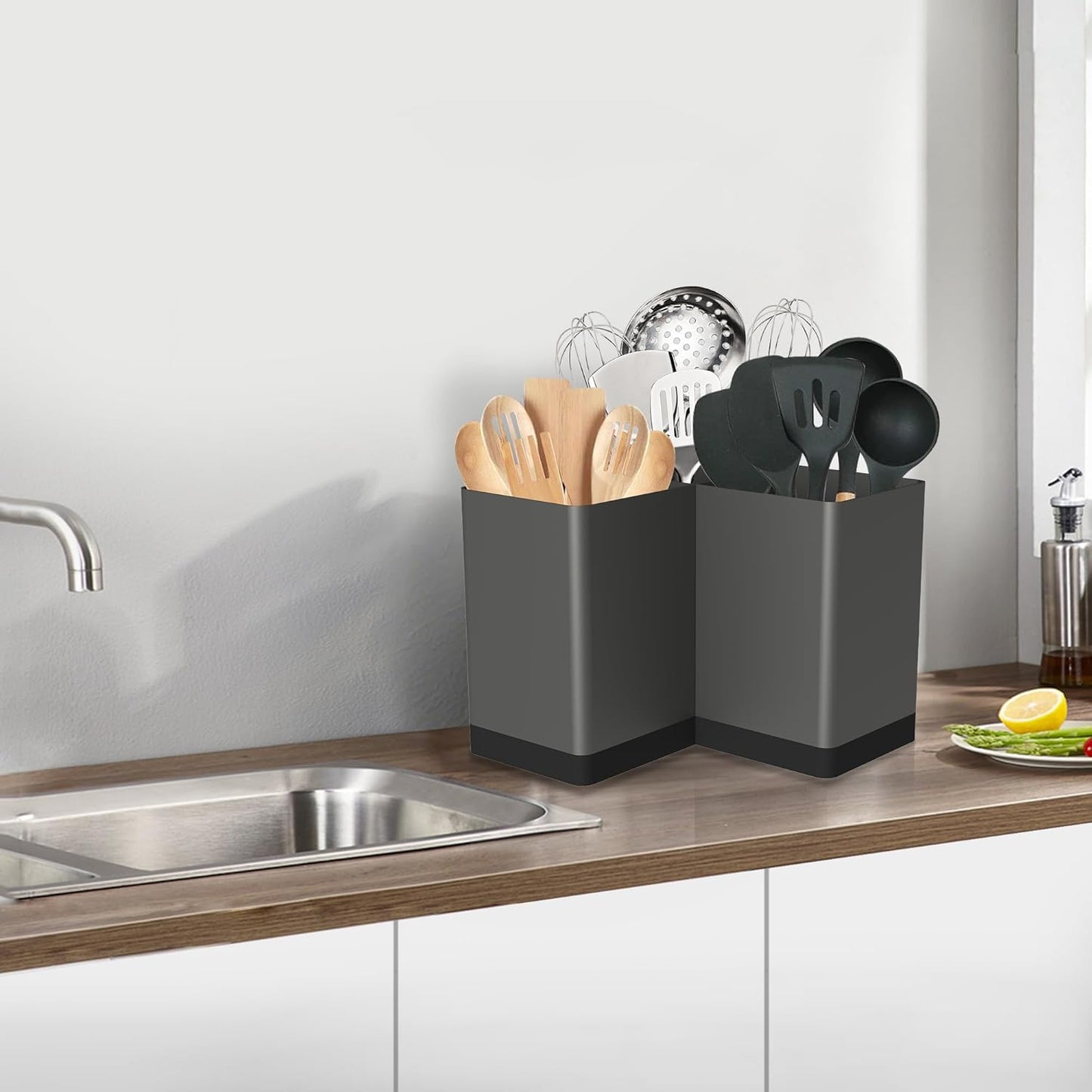 Extra Large Kitchen Utensil Holder Countertop for Corner Counter | Against Wall,Hold 40 tool,Easy to Clean,Spacesaving,Sturdy Farmhouse Cooking Utensil Organizer Caddy,Metal,Silvery