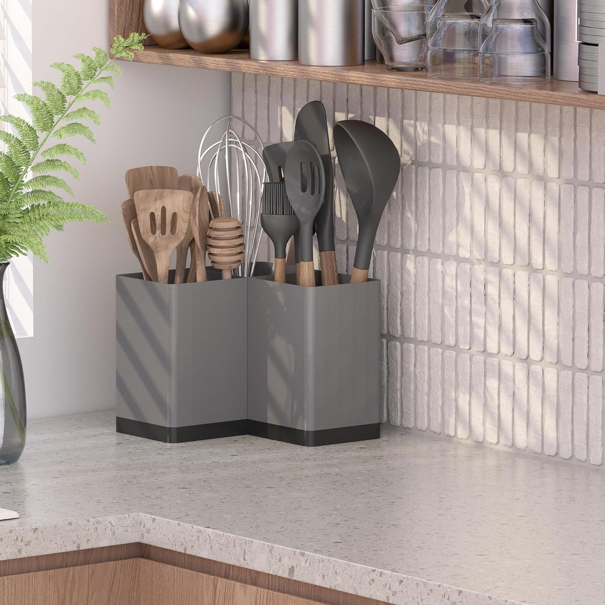 Extra Large Kitchen Utensil Holder Countertop for Corner Counter | Against Wall,Hold 40 tool,Easy to Clean,Spacesaving,Sturdy Farmhouse Cooking Utensil Organizer Caddy,Metal,Silvery