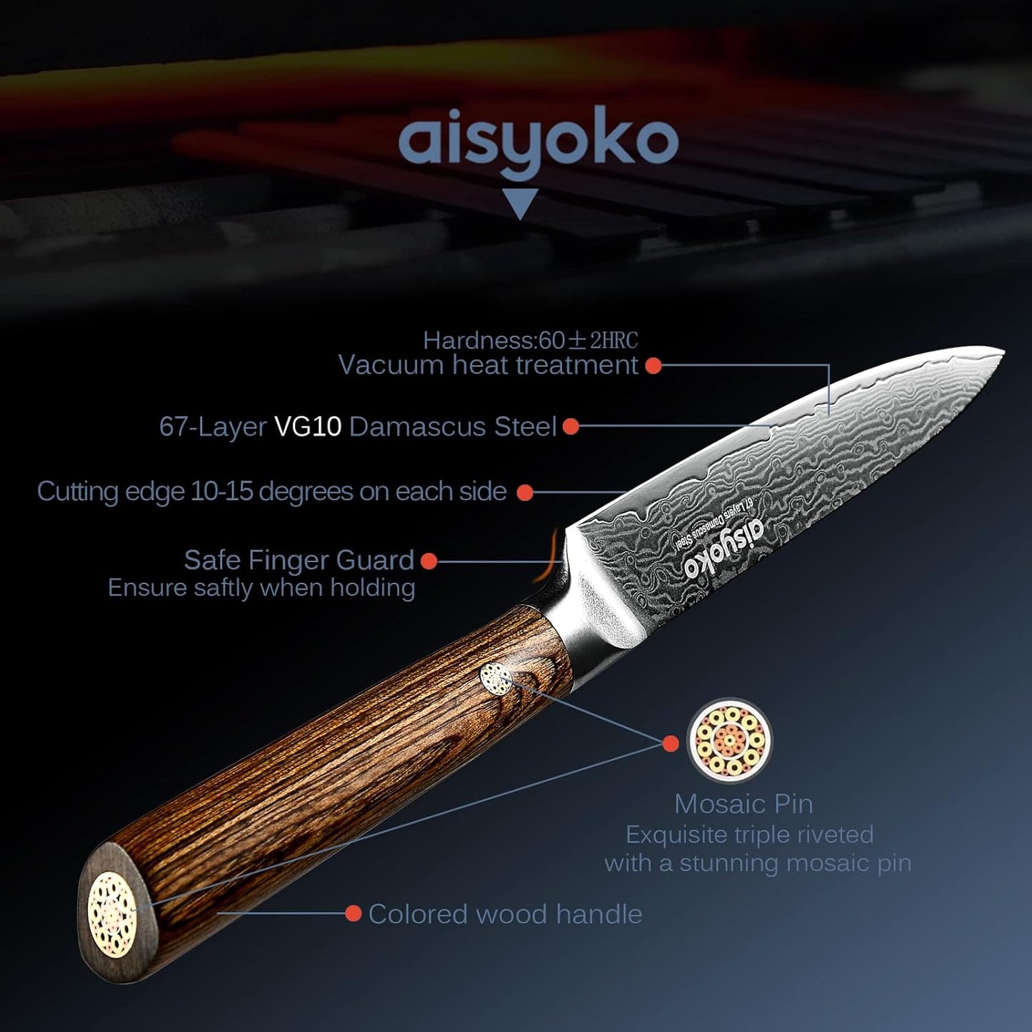 Aisyoko 5-Inch Paring Knife - Japanese VG-10 Super Steel 67-Layer Damascus Blade - Fruit Utility Knife for Carving & Peeling - Luxury Gift Box with Color Wooden Handle - Includes Scabbard
